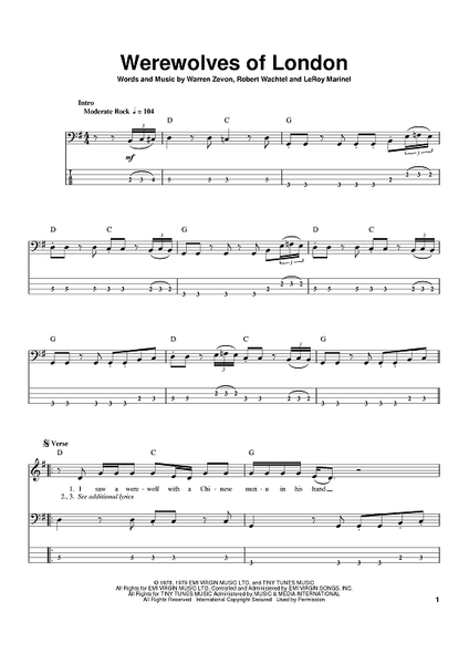 Warren Zevon Werewolves of London Bass Tab in C Major - Download & Print  - SKU: MN0053556