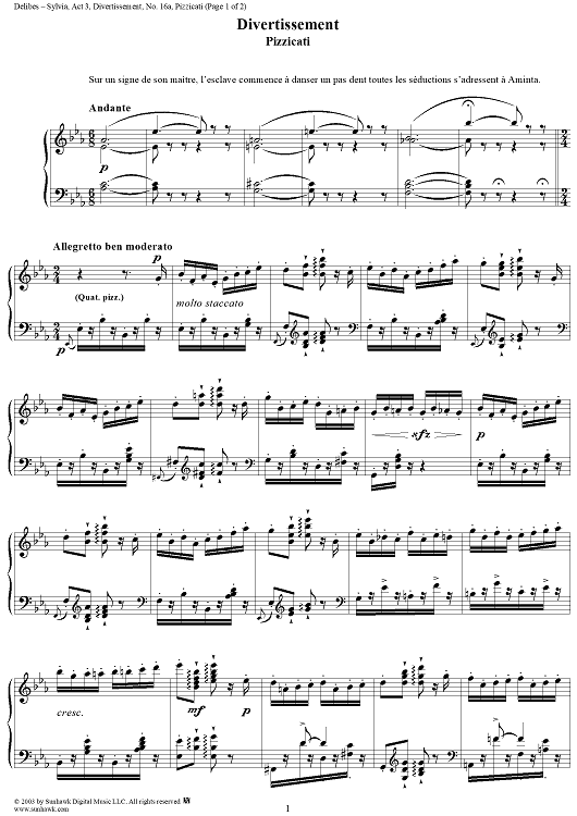 Sylvia, Divertissement, No. 16a: Pizzicati - Piano Score