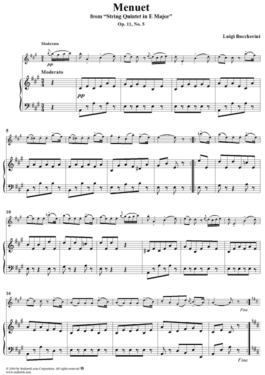 String Quintet in E Major, Op. 11, No. 5: Menuet - Piano Score