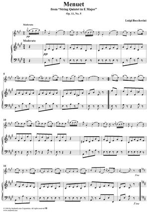 String Quintet in E Major, Op. 11, No. 5: Menuet - Piano Score