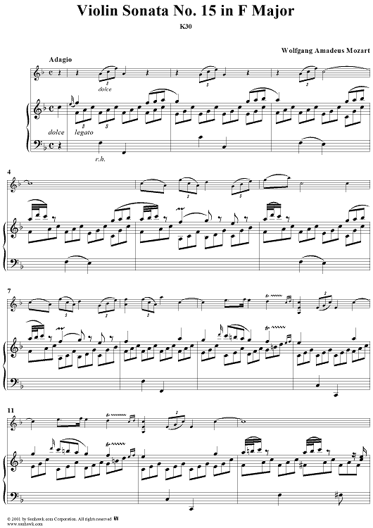 Violin Sonata No. 15 in F Major, K30 - Piano Score