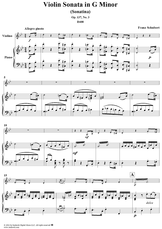 Violin Sonata (Sonatina), Op.137 No.3, D408 - Piano Score