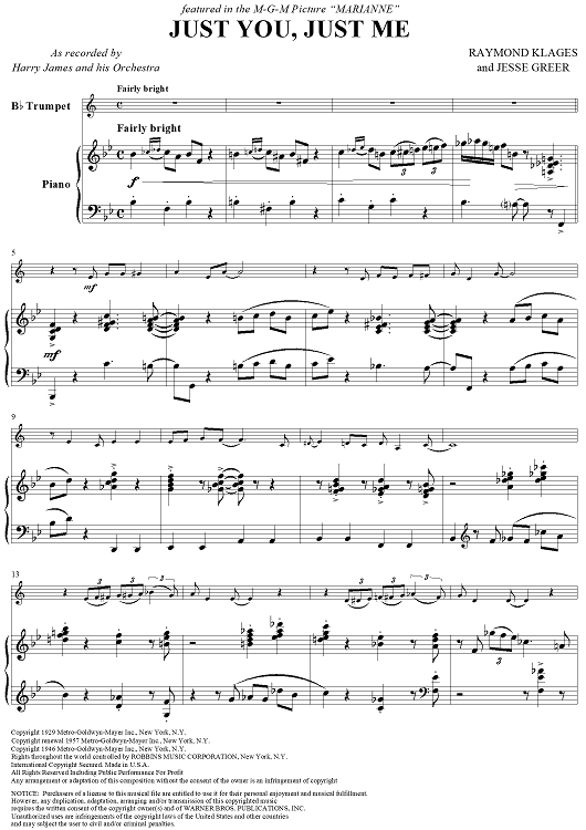 Just You, Just Me - Piano Score