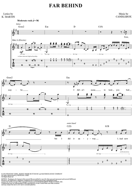 Far Behind Sheet Music by Candlebox for Guitar Tab Vocal