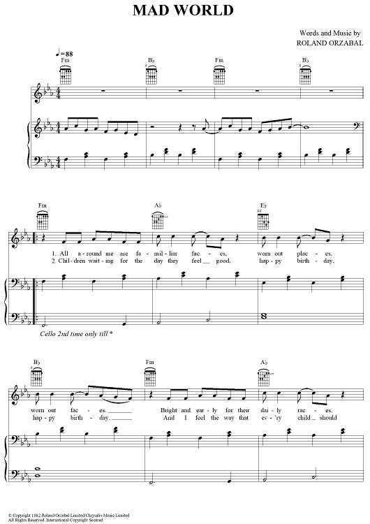 Gary Jules: Mad World sheet music for voice, piano or guitar v2