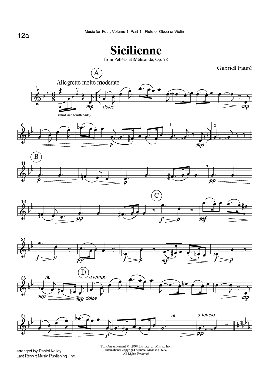 Sicilienne - from Pelléas et Mélisande, Op. 78 - Part 1 Flute, Oboe or Violin