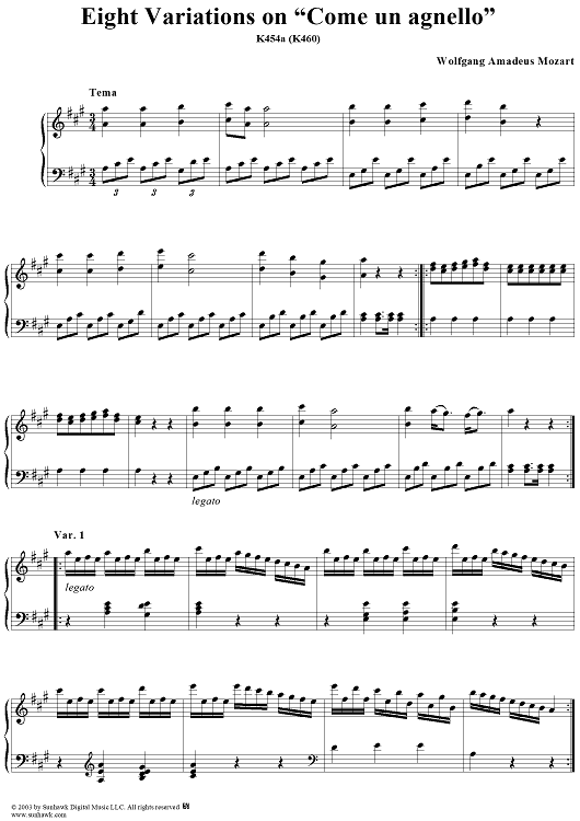 Eight Variations on "Come un agnello", in A Major, K454a (K460)