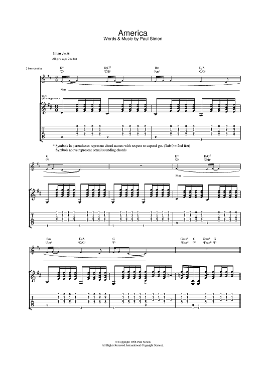 America Sheet Music | Simon & Garfunkel | Guitar Chords/Lyrics